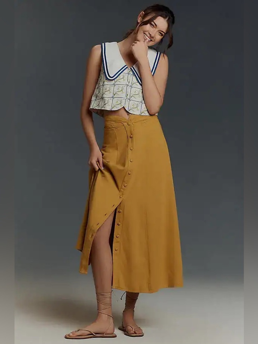Anthropologie Mustard Button-Front Maxi Skirt
